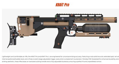 In Stock AirMaks Arms Krait Pro Regulated PCP. Available in .22, .25 and .30 (7.62) Calibers