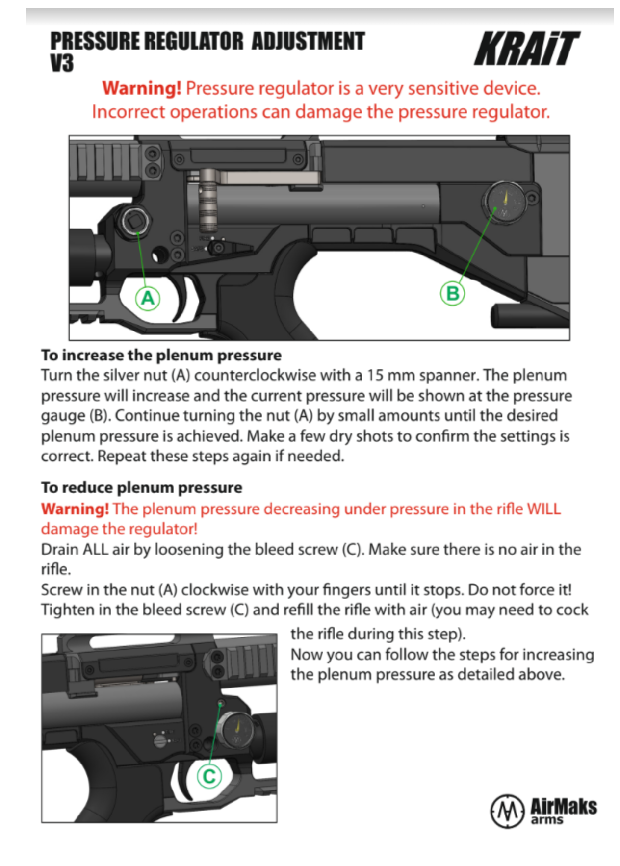 In Stock AirMaks Arms Krait Pro Regulated PCP. Available in .22, .25 and .30 (7.62) Calibers