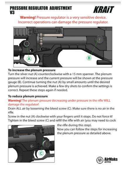 In Stock AirMaks Arms Krait Pro Regulated PCP. Available in .22, .25 and .30 (7.62) Calibers
