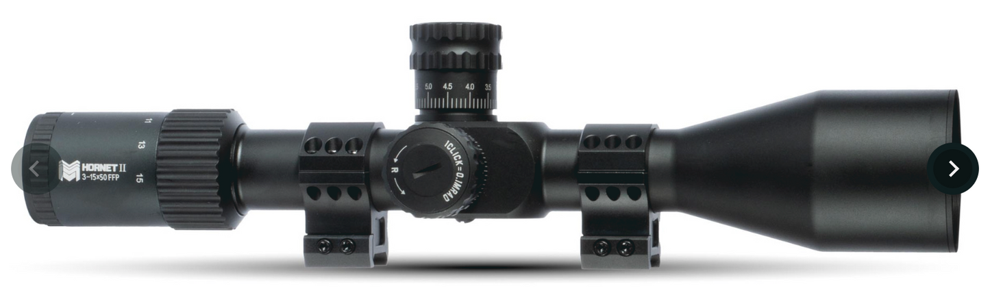 Monstrum Hornet II 3-15x50 FFP Rifle Scope | Includes Zero Stop, Bubble Level Scope Rings, and Detachable Sunshade