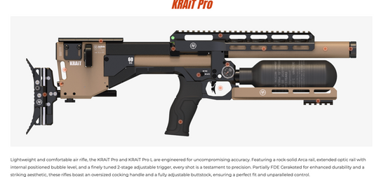 In Stock AirMaks Arms Krait Pro Regulated PCP. Available in .22, .25 and .30 (7.62) Calibers