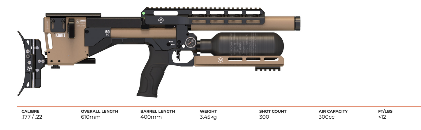 In Stock AirMaks Arms Krait Pro Regulated PCP. Available in .22, .25 and .30 (7.62) Calibers