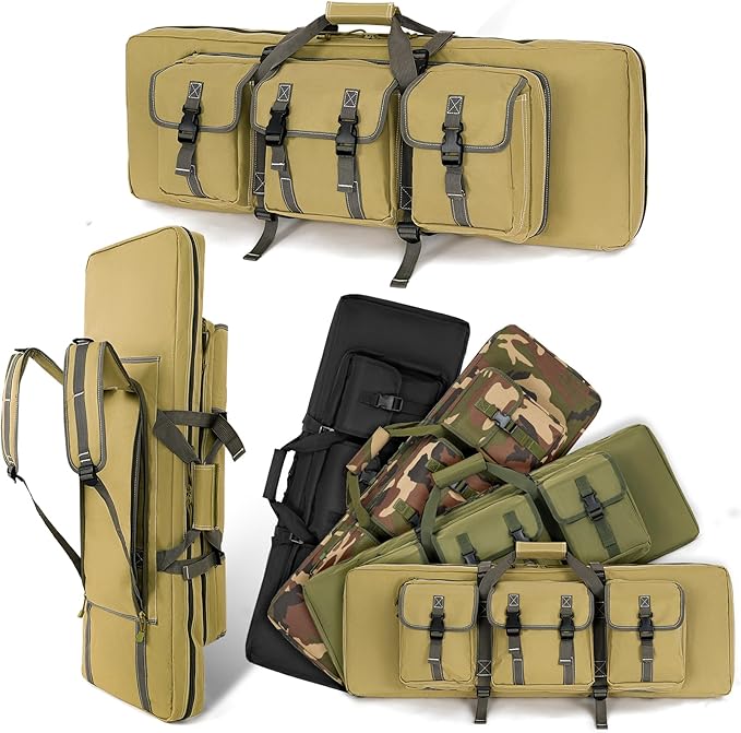 DULCE DOM Soft Double Rifle Case Sof Gun Case, Perfect for Rifle Pistol Firearm Storage and Transportation, Tactical Rifle Backpack,  Soft Case with Pockets, Available in Black, OD green, Forest Camo and Khaki.  Available in  32/36/42/48/52 inch lengths