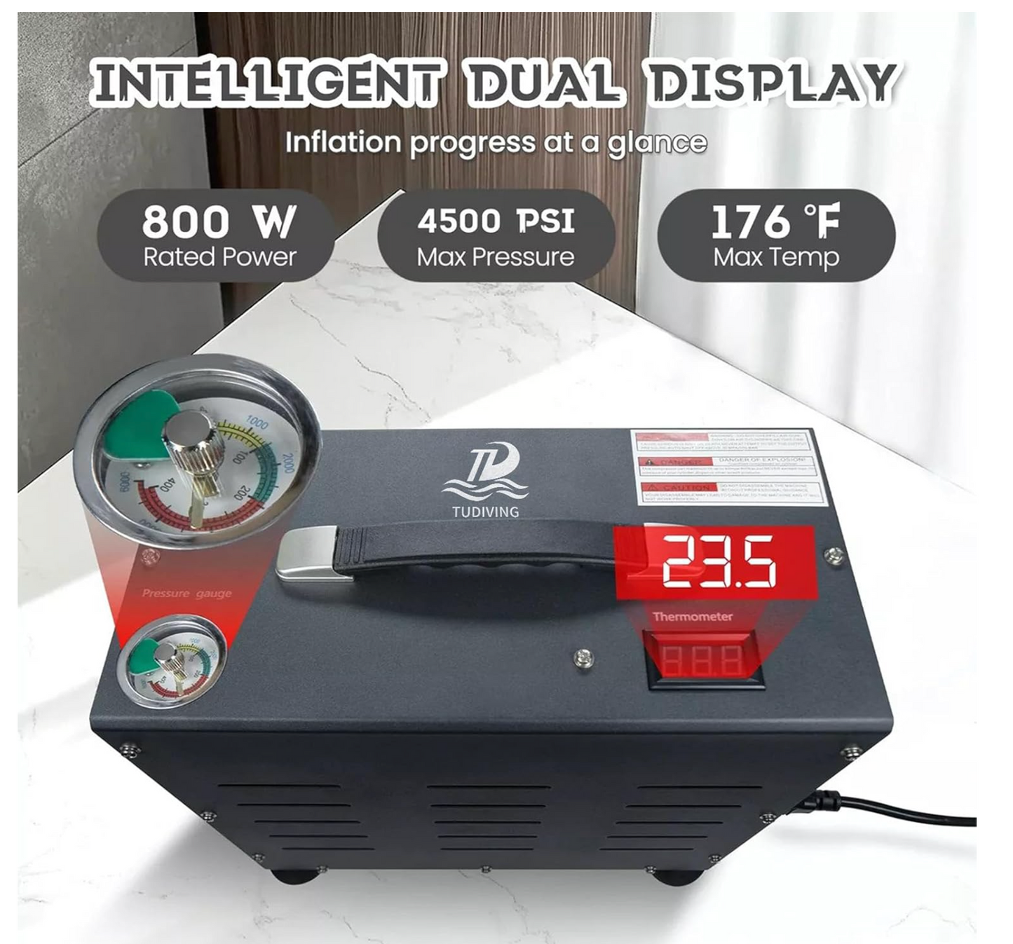 In Stock TUDIVING-4500Psi/300Bar PCP Compressor, 800W Dual-Cylinder PCP Air Compressor,Auto Stop High Pressure Compressor. Can easily fill 2.6L CF Bottle