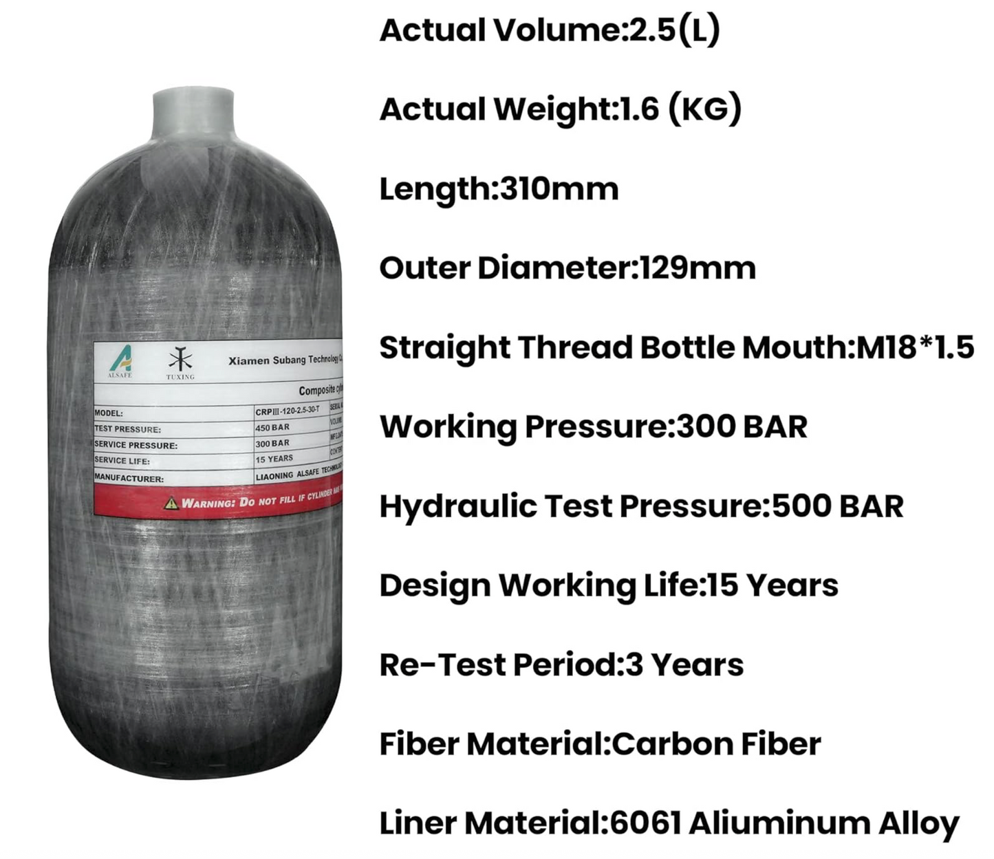 TUXING 4500psi High Pressure Carbon Fibre Cylinder - AIr Bottle, 2.5L Carbon Fiber Tank, Diving Scuba Tank, PCP Paintball Air Tank with Valve M18*1.5