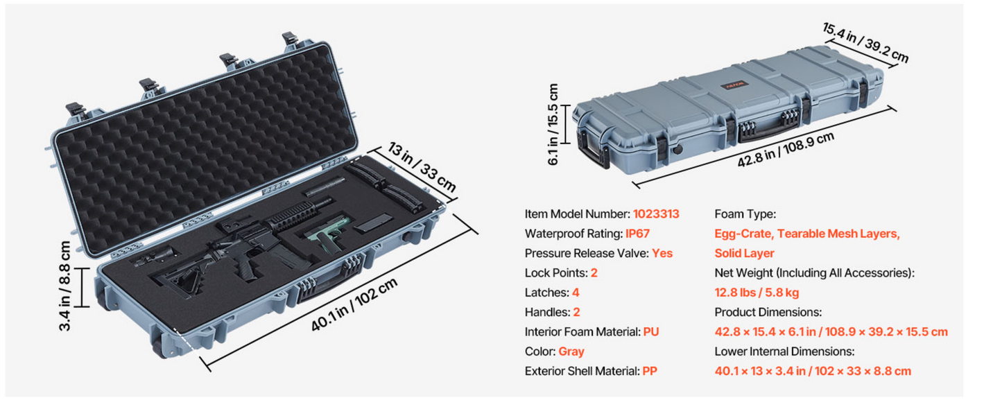 In Stock VEVOR Rifle Case, Rifle Hard Case with 4 Layers Fully-protective Foams, Lockable Hard Gun Case with Wheels, IP67 Waterproof & Crushproof, for Rifles or Shotguns, Available in 36, 40, 42, 50 and 52 lengths and available in Khaki Gray and Black
