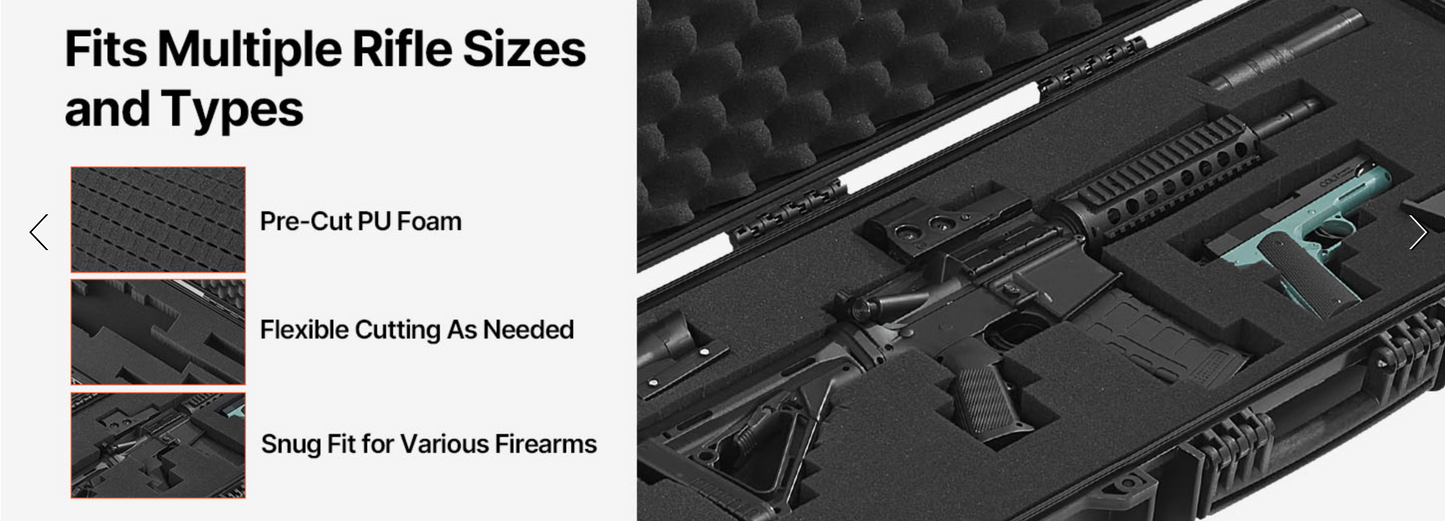In Stock VEVOR Rifle Case, Rifle Hard Case with 4 Layers Fully-protective Foams, Lockable Hard Gun Case with Wheels, IP67 Waterproof & Crushproof, for Rifles or Shotguns, Available in 36, 40, 42, 50 and 52 lengths and available in Khaki Gray and Black