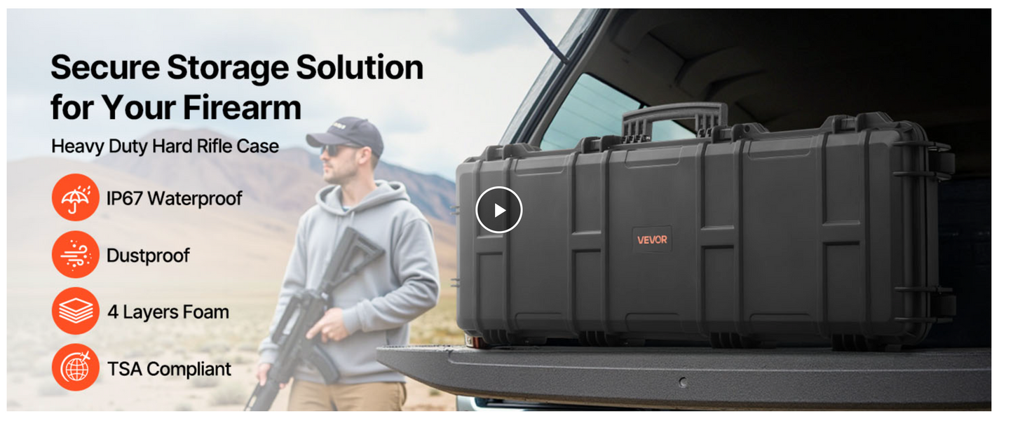 In Stock VEVOR Rifle Case, Rifle Hard Case with 4 Layers Fully-protective Foams, Lockable Hard Gun Case with Wheels, IP67 Waterproof & Crushproof, for Rifles or Shotguns, Available in 36, 40, 42, 50 and 52 lengths and available in Khaki Gray and Black