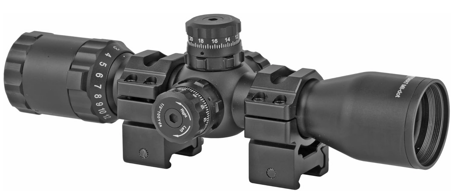 In Stock Leapers UTG 1" BugBuster 3-12X32 Rifle Scope, Side AO, Mil-dot, with QD Scope Rings (SCP-M312AOWQ)