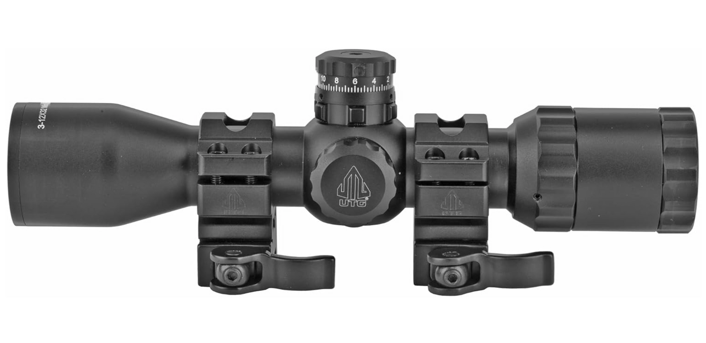 In Stock Leapers UTG 1" BugBuster 3-12X32 Rifle Scope, Side AO, Mil-dot, with QD Scope Rings (SCP-M312AOWQ)